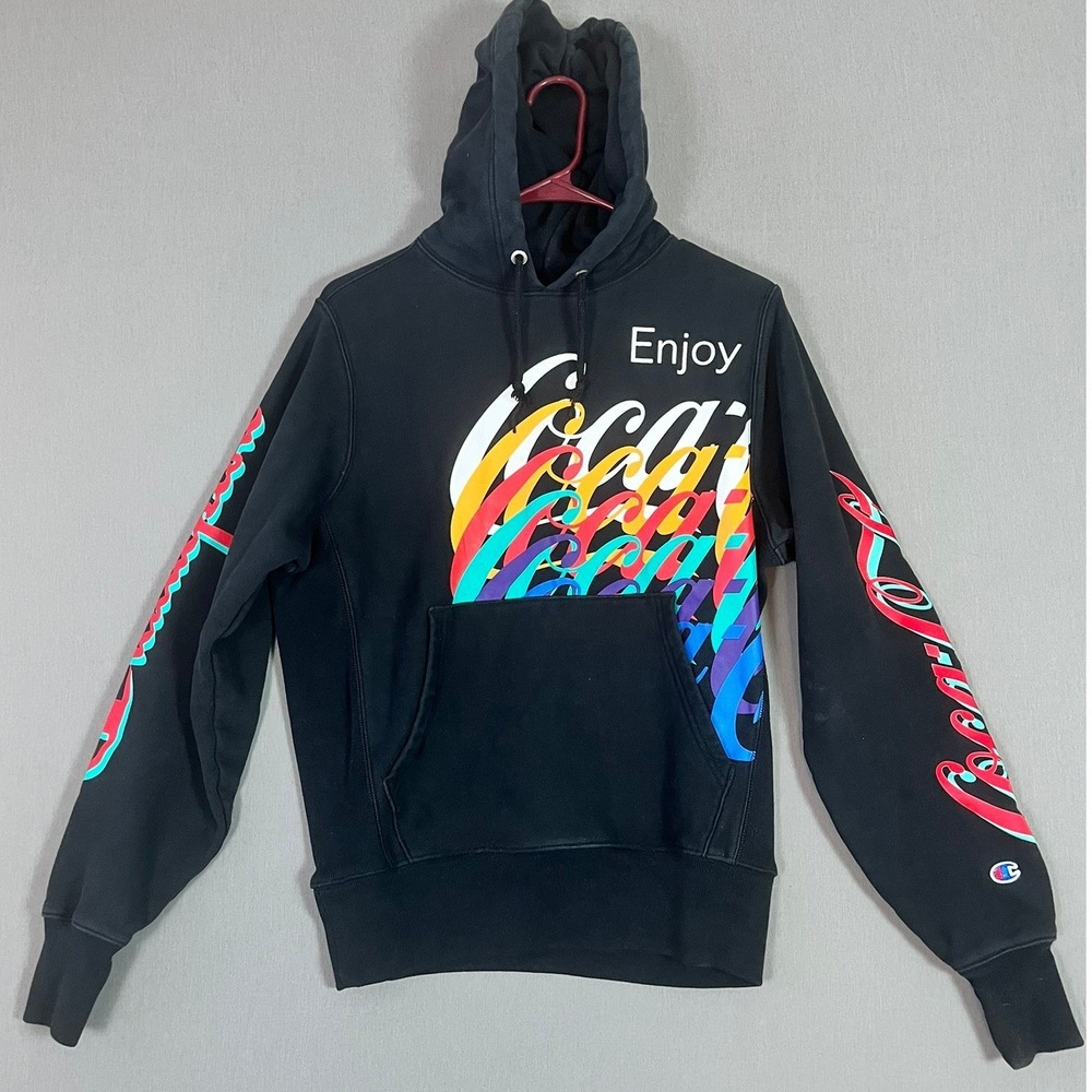 Champion Coca-Cola Collab Reverse Weave Hoodie Small Black Graphic GUC